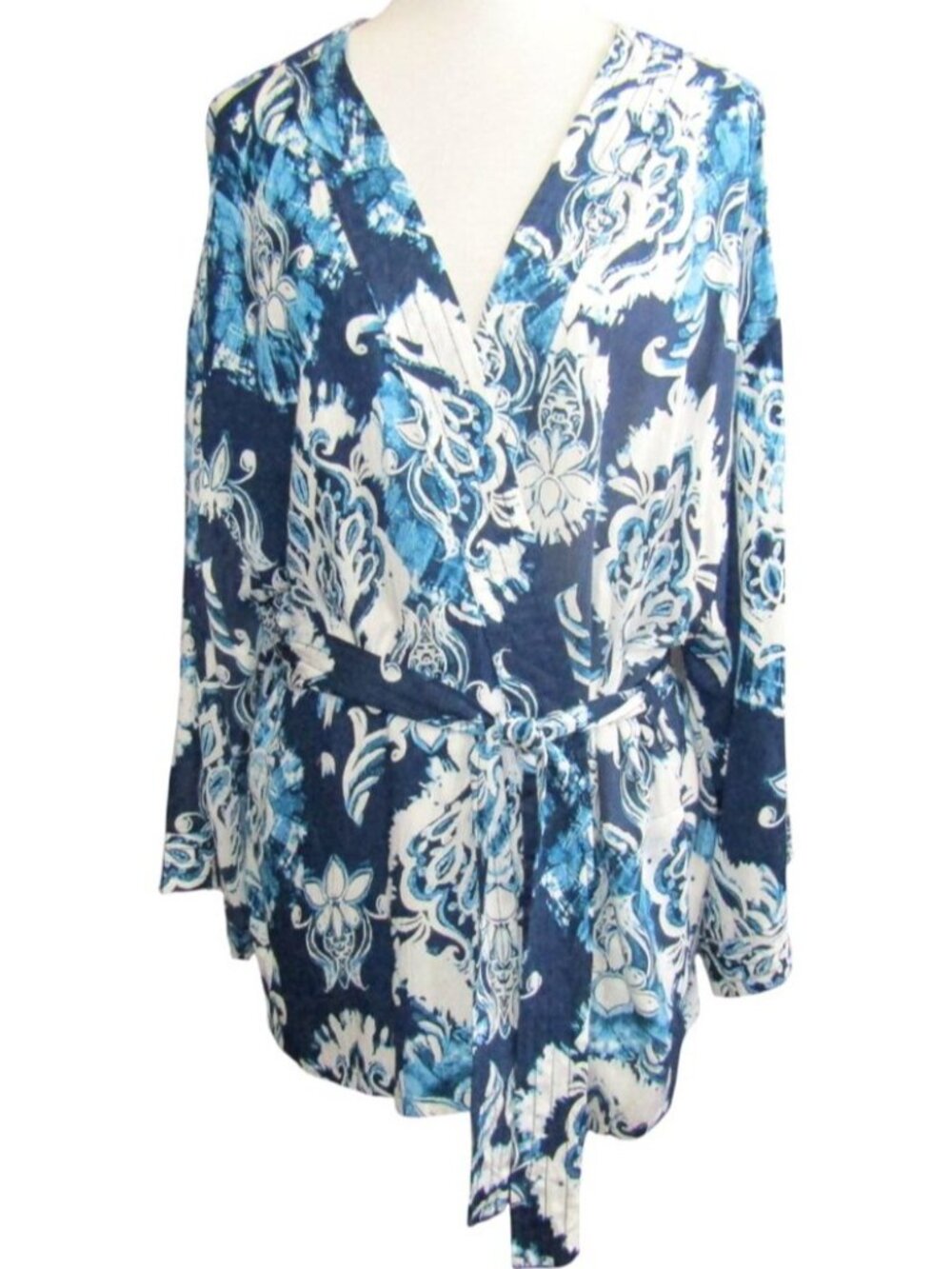 Haute Hippie Clair Blue White Floral Belted Kimono Jacket Size L Cardigan Womens